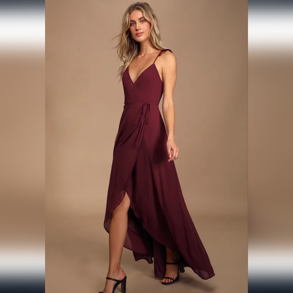 Lulu's Here's to Us Burgundy High-Low Wrap Dress